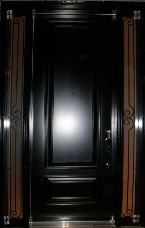 Entry-Executive-Fiberglass-8-Foot-Single-Solid-ront-Door-with-2-Slim-Iron-Art-Side-Lights-Installed-