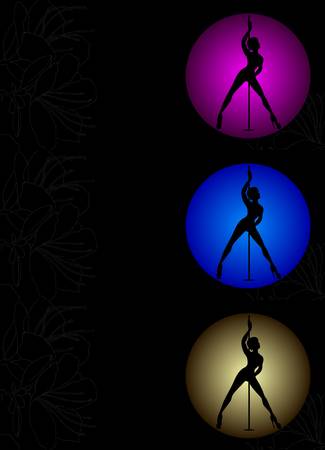 99945908stockvectorthreeflyerswithvectorsilhouetteofgirlandpoleonamagentablueyellowcirclepoledanceil