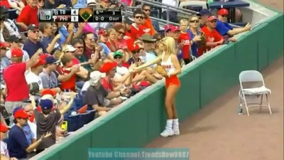 Hooters Ballgirl Picks Up Live Baseball And Tosses it To Crowd