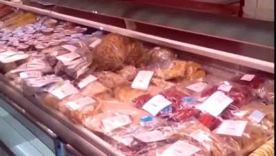 Кошка ест морепродукты в прилавке магазина в аэропорту Владивостока