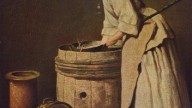 Frau, Geschirr scheuernd.1736