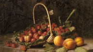 Hammer William A Basket Of Strawberries And Peaches On A Stone Ledge