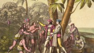 The Landing of Columbus. Christopher Columbus and others showing objects to Native American men and